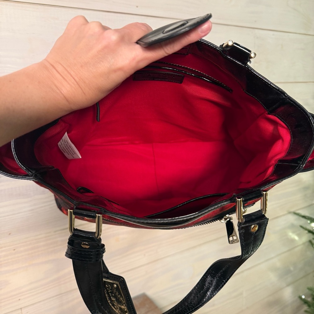 Talbots Black Red Floral Fabric Shoulder Tote Black Faux Patent Leather Trim - Picture 9 of 13